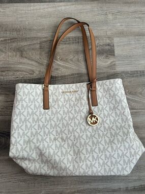 Michael Kors Vanilla Logo Tote with Tan Leather Straps
